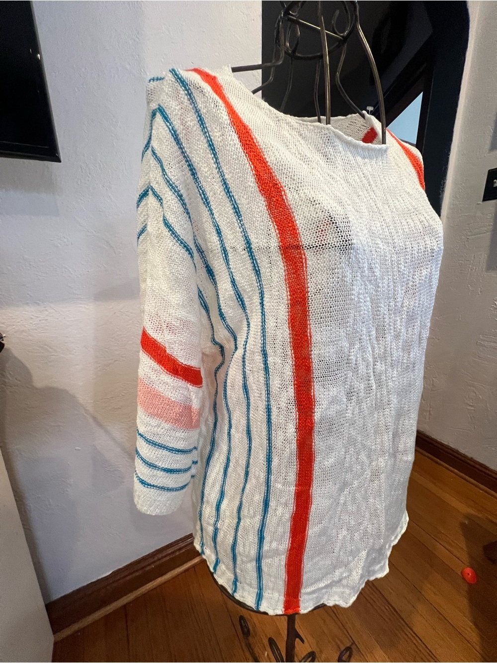 Lightweight White Knit Stripe Boatneck Top with Red and Teal Accents